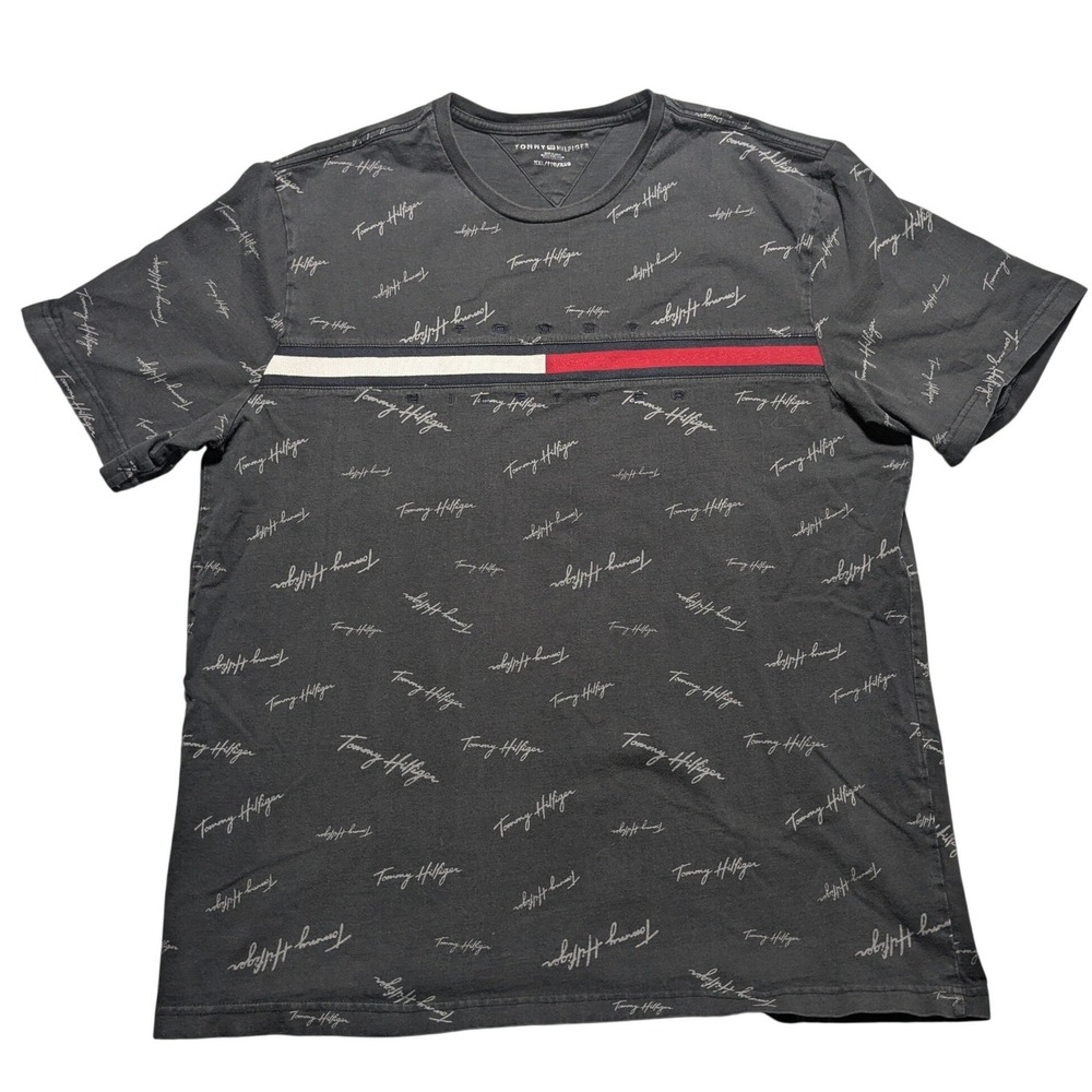 Tommy Hilfiger Script Logo All Over Print Retro Mens 2XL Charcoal T-Shirt